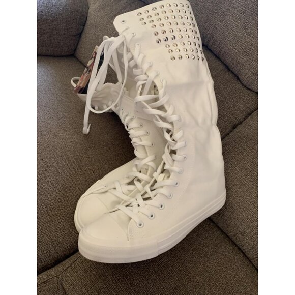 🆕Women & Girls White Canvas Long Rivet Knee High Canvas Boots Punk Style Boots - Picture 2 of 10